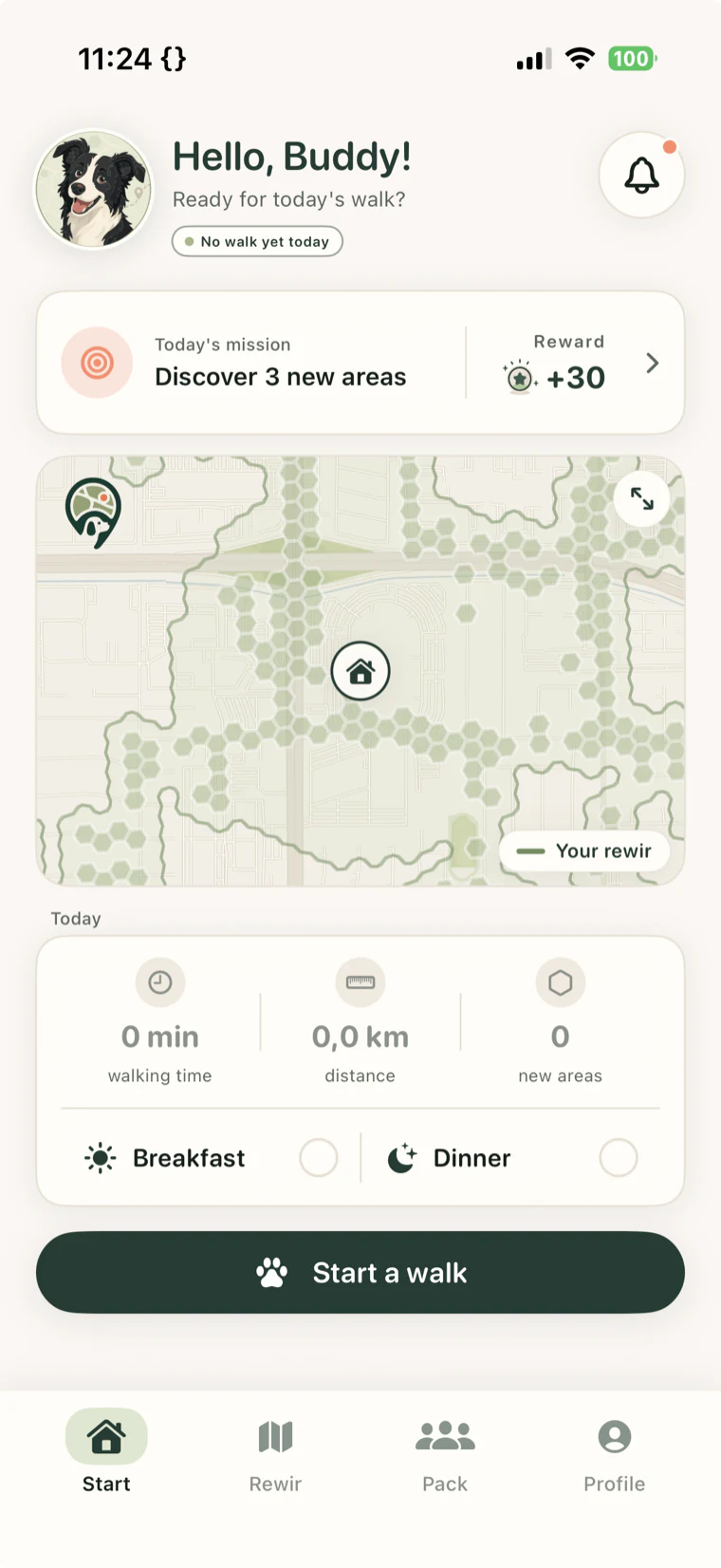 Rewir dashboard — your dog's home territory, today's mission and the last walk