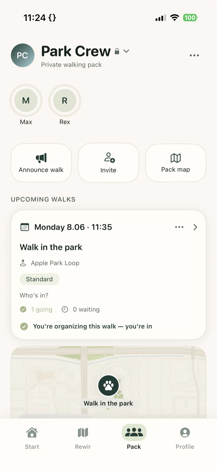 Rewir pack — a list of dog friends and shared walks