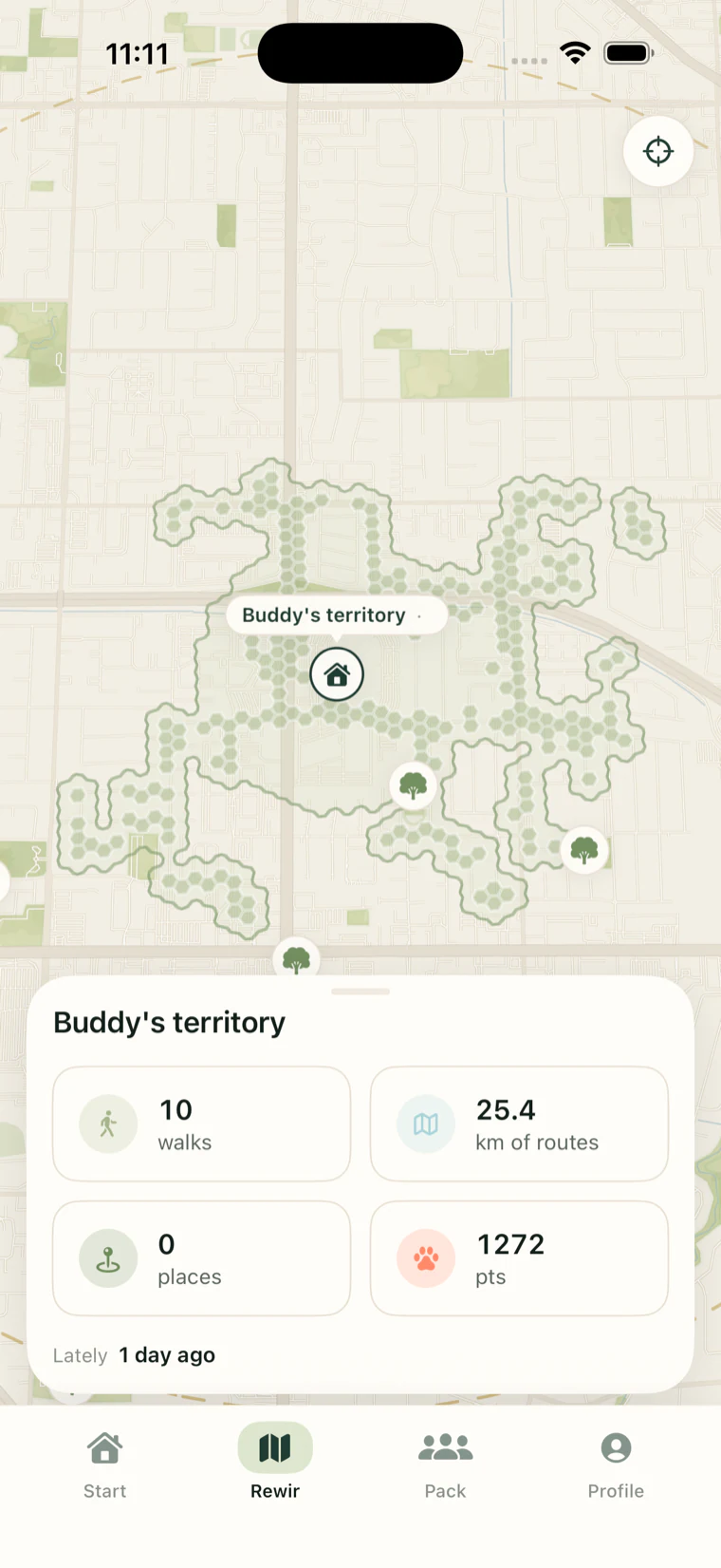 Rewir map with hexes discovered during a walk